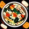 Illustration of a bowl of noodles and vegetables on a black background generative AI