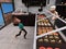 Illustration of a boy in a bakery looking up overwhelmed with trying to decide which pastry he wants with the baker waiting behind