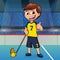 illustration boy floorball player with floorball stick and ball