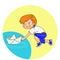 Illustration of a Boy Pushing a Paper Boat Down a River