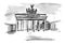 Illustration of the Brandenburg Gate in Berlin, Germany. Hand drawn famous german landmark. Black ink outline and bright