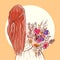 Illustration of a bride`s backside holding a bouquet of bright flowers. Digital art of a redhead woman preparing for the wedding.