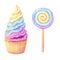 Illustration of a bright round curled candy and cupcake with airy cream. Bright saturated multicolor light shades, rainbow.