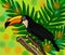 Illustration of a bright tropical bird Toucan on a floral leaves