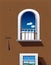 Illustration of Brown Wall with Arch and Rectangular Windows Framing Blue Skies and Clouds