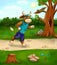 Illustration of bull running in forest. Cartoon fantasy art.