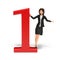 Illustration of a business girl standing on the number one. The concept of leadership, superiority. 3D Render