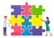 Illustration of business metaphoric puzzle square, teamwork process, analysis data, workflow