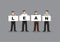 Illustration of business people holding white board cards title lean on a grey background