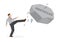 Illustration of a businessman kicking a giant rock title obstacles away. Metaphor concept of obstacles challenge, breakthrough