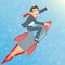 Illustration with Businessman riding a rocket goes up on a blue background with icons on a theme business , the concept of success