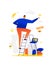 Illustration of a businessman and a star. Vector. A man walking for a dream. Metaphor. On the steps to your goal and dreams. Imple