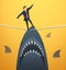 Illustration of a businessman walking on rope with sharks underneath business risk chance