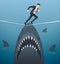 Illustration of a businessman walking on rope with sharks underneath business risk chance