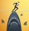 Illustration of a businessman walking on rope with sharks underneath business risk chance