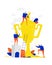 Illustration of businessmen cleaning a golden goblet. Vector. Metaphor. People are looking for victory and go to it. Employees dre