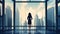 An illustration of a businesswoman standing in front of large window looking out at cityscape AI Generated