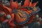 illustration, the butterfly is consuming a large scarlet flower, ai generative