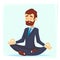 Illustration of a calm, young cartoon businessman sitting cross-legged, smiling and meditating Vector cartoon character office wor