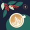 Illustration with cappuccino and branches of coffee tree