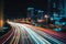 Illustration capturing the speed concept with light trails from long exposure photography during the night in a bustling city. Ai