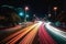 Illustration capturing the speed concept with light trails from long exposure photography during the night in a bustling city. Ai