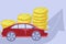 Illustration of a car side view and a lot of coins, the concept of increasing the price of cars