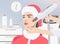 Illustration. Carbon peeling procedure for a beautiful girl in a santa hat. Hardware cosmetology.