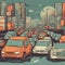 Illustration of cars traffic in a city with pollution, smoke and garbage