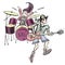 Illustration cartoon children`s style characters music band rock direction guy with guitar and girl on drums with instruments