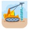 Illustration of a cartoon construction drill drills something at a construction site, vector illustration