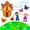 Illustration of cartoon lawn, kids, house, clouds and butterflies