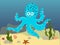 Illustration of a cartoon octopus under water. Underwater world with a funny octopus. An octopus in its usual