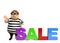 illustration of cartoon thief with sale sign