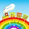 Illustration with cartoon train rainbow