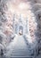 An illustration of a castle entrance adorned with an air of frozen majesty, a sentinel of winter\\\'s embrace.
