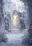 An illustration of a castle entrance adorned with an air of frozen majesty, a sentinel of winter\\\'s embrace.