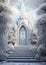 An illustration of a castle entrance adorned with an air of frozen majesty, a sentinel of winter\\\'s embrace.