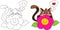 Before and after illustration of a cat, hiding behind a flower, for children`s coloring book, Easter or Valentine`s Day card