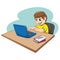 Illustration of a caucasian child and distance education, notebook, colorful