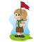 Illustration caucasian girl in scout uniform holding a flag