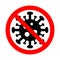 Illustration of a caution virus sign in a red crossed out circle on a white background