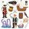 illustration characters pirates. Pirate bundle ship, kraken, chest, cannon, treasure map, parrot