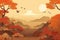 Illustration of a charming autumn natural landscape with mountains and forest during a vibrant sunset