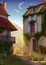 Illustration of a Charming Vintage European House Adorned with Vines in a Serene Blue Sky Scene