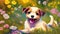 Illustration of cheerful puppy in meadow full of blooming flowers