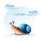 Illustration cheerful snail on a background of sky with clouds