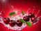 Illustration of cherries with a splash of water with a red background