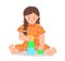Illustration of a child. A little girl with pigtails is sitting on the floor and playing with children cubes