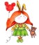 Illustration children`s cartoon style bright doll girl with red hair in a green dress and a teddy bear close-up on a white